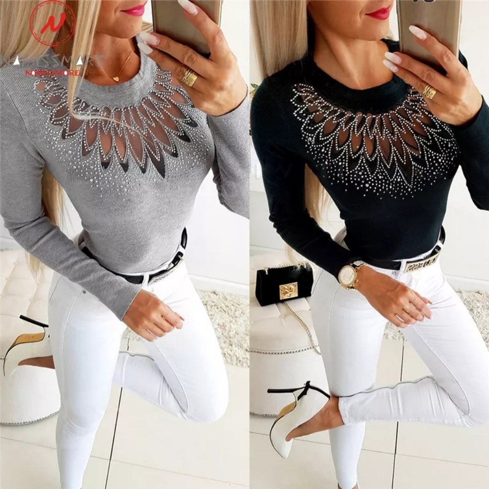 Elegant Women Autumn Winter Slim T-Shirts Patchwork Hollow Out Design Beading De